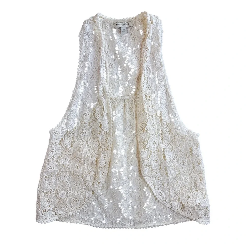 Banana Republic Crochet Vest Women XS Ivory Cotton Floral‎ Lace Open Front Boho